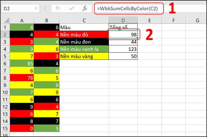 Hàm WbkSumCellsByColor(cell)